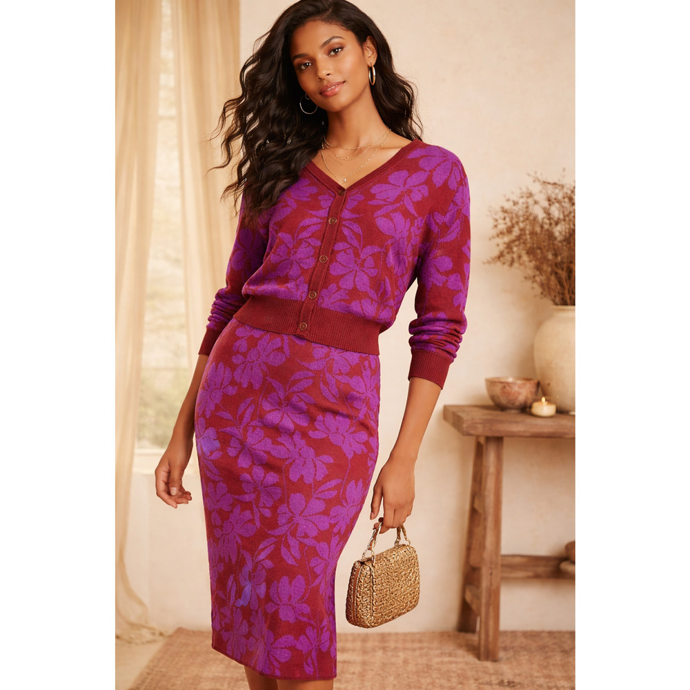 Liz Claiborne Size M Petite Purple Brown Floral Matching Set Cardigan Skirt